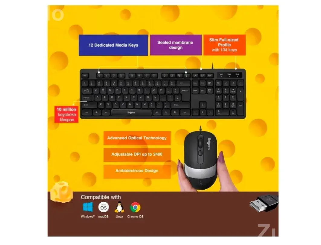 FINGERS CheesyDuo-D3 Wired Keyboard & Mouse Combo (Slim, Full-Sized Keyboard with 12 Media Keys, 2400 DPI Optical Mouse, Plug & Play, Windows® | macOS | Linux Compatible), Jet Black - લેપટોપ અને કમ્પ્યુટર - અમદાવાદ શહેર - Image 2