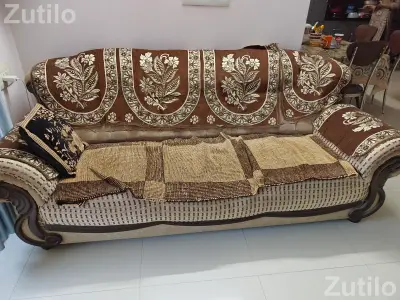 One 3 seater sofa, 2 seater side sofa and 3 legged table with glass top One 3 seater sofa, 2 seater side sofa and 3 legged table with glass top
