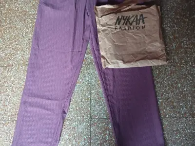 NYKAA FASHION Ribbed Textured Trousers straight leg pants NYKAA FASHION Ribbed Textured Trousers straight leg pants