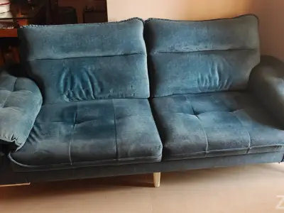 Well maintained Sofa 3+2 with puffy with wooden centre table and wooden storage cabinet Well maintained Sofa 3+2 with puffy with wooden centre table and wooden storage cabinet