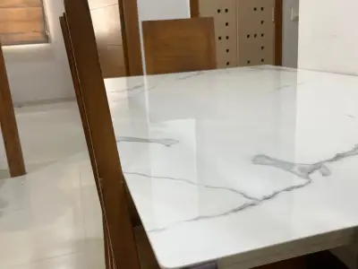 4-Seater Wooden Dining Table Set with White Marble-Finish Top 4-Seater Wooden Dining Table Set with White Marble-Finish Top