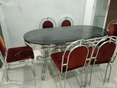 Steel Dining Table Set with 6 Chairs and Glass Top
