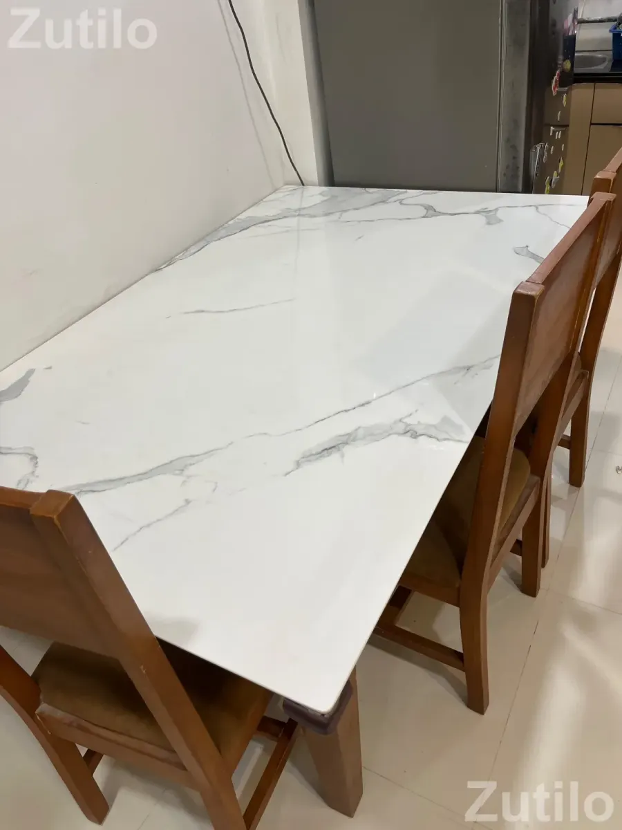 4-Seater Wooden Dining Table Set with White Marble-Finish Top - Dining Tables & Sets - Daskroi - Image 4