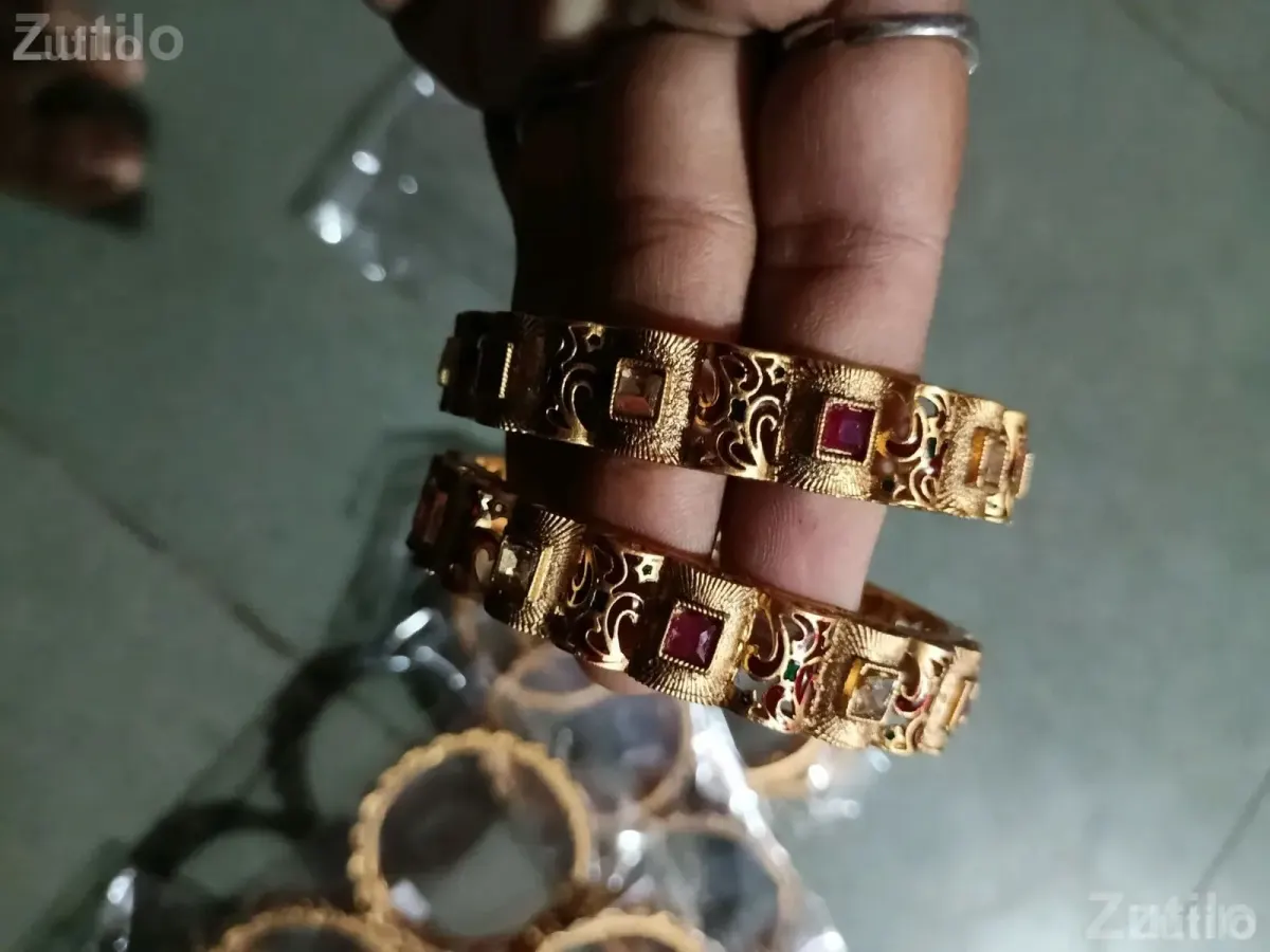 Gold Polish Bangles Set with Stone Design - Fashion Accessories - Padra - Image 2